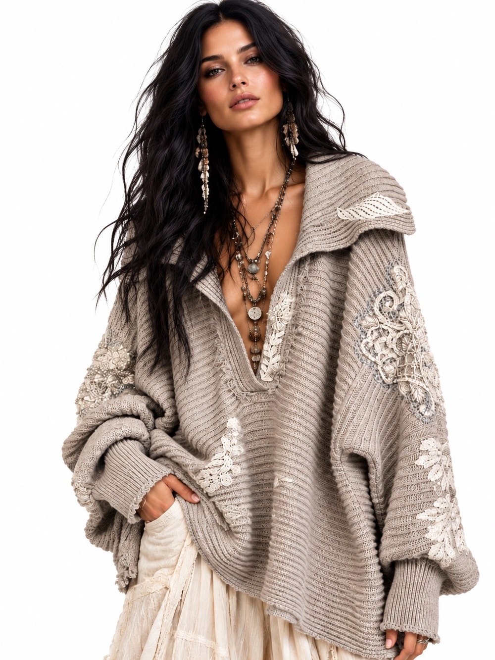 Free People Oversized V-Neck Ribbed Sweater - Taupe
